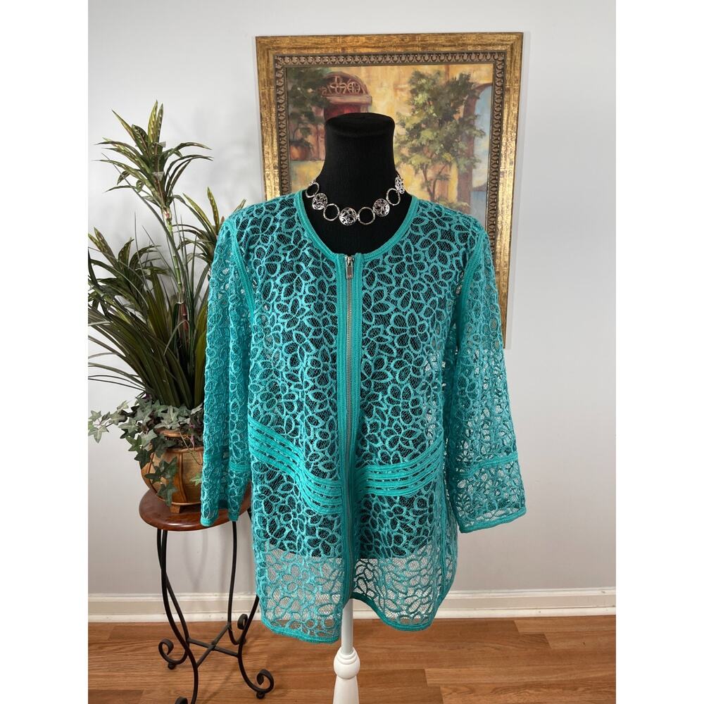 Peter Nygard Jacket XL Womens Teal Crochet Lace Zip Front Peasant Elegant Modest